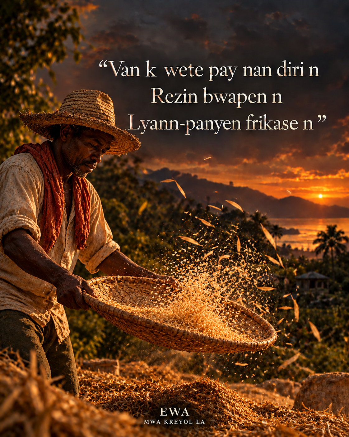 Paysan ayisyen k ap vante diri nan yon laye, ak siyati EWA ak MWA KREYOL LA anba afich la