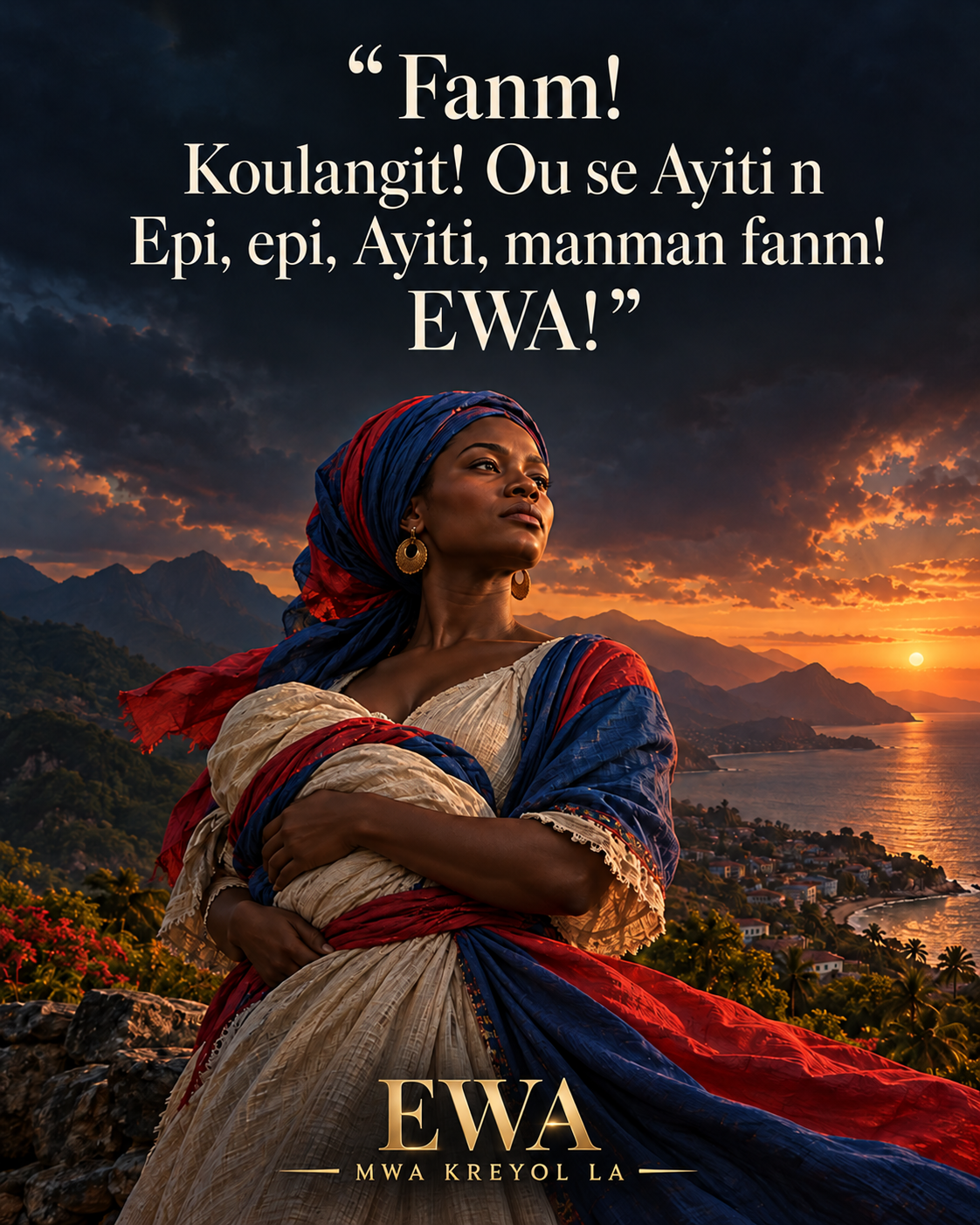 Fanm ayisyen kanpe ak fyète devan yon peyizaj Ayiti, afich EWA ak MWA KREYOL LA