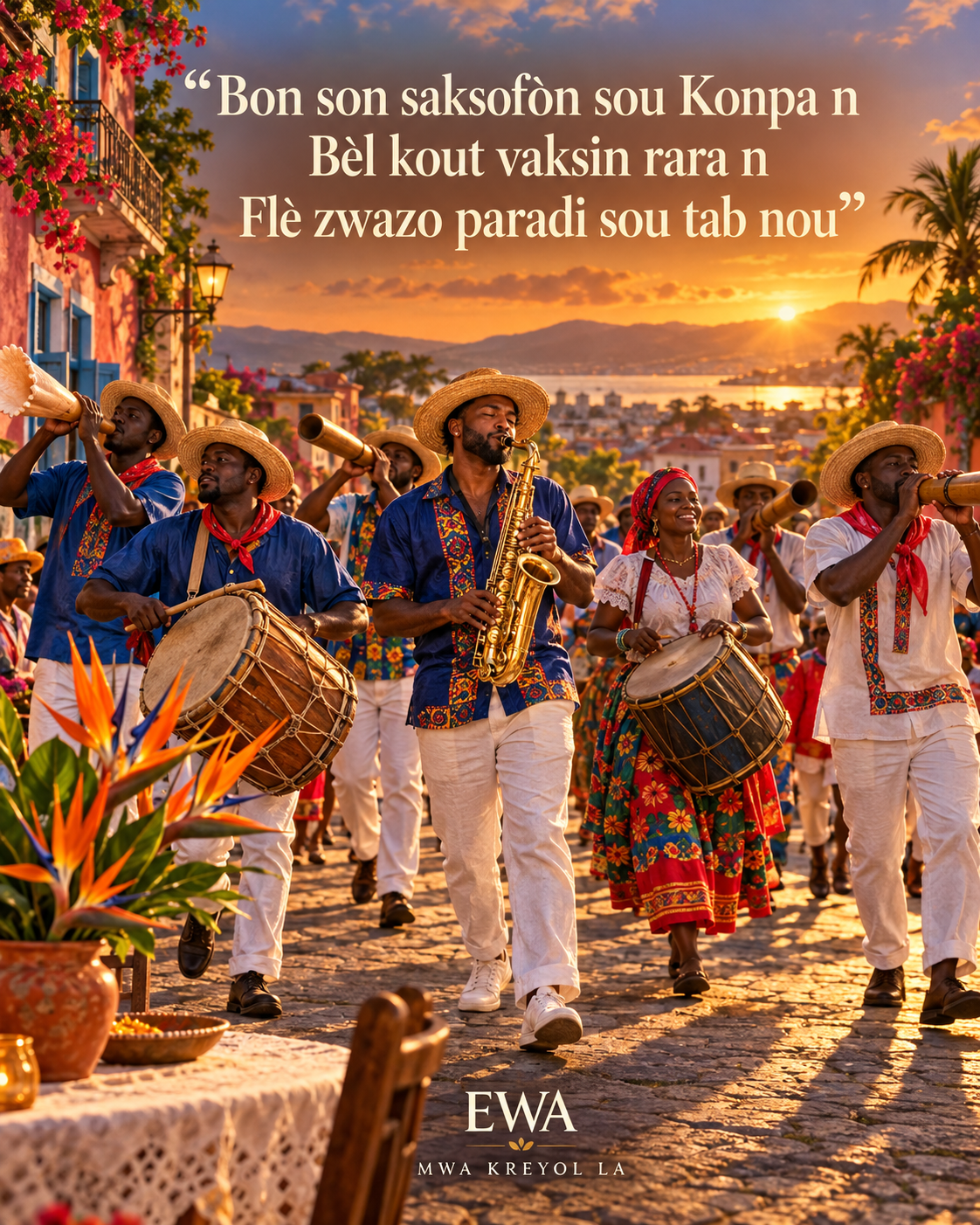 Affiche EWA pour un groupe de rara haïtien, au son du saxophone et du vaksin